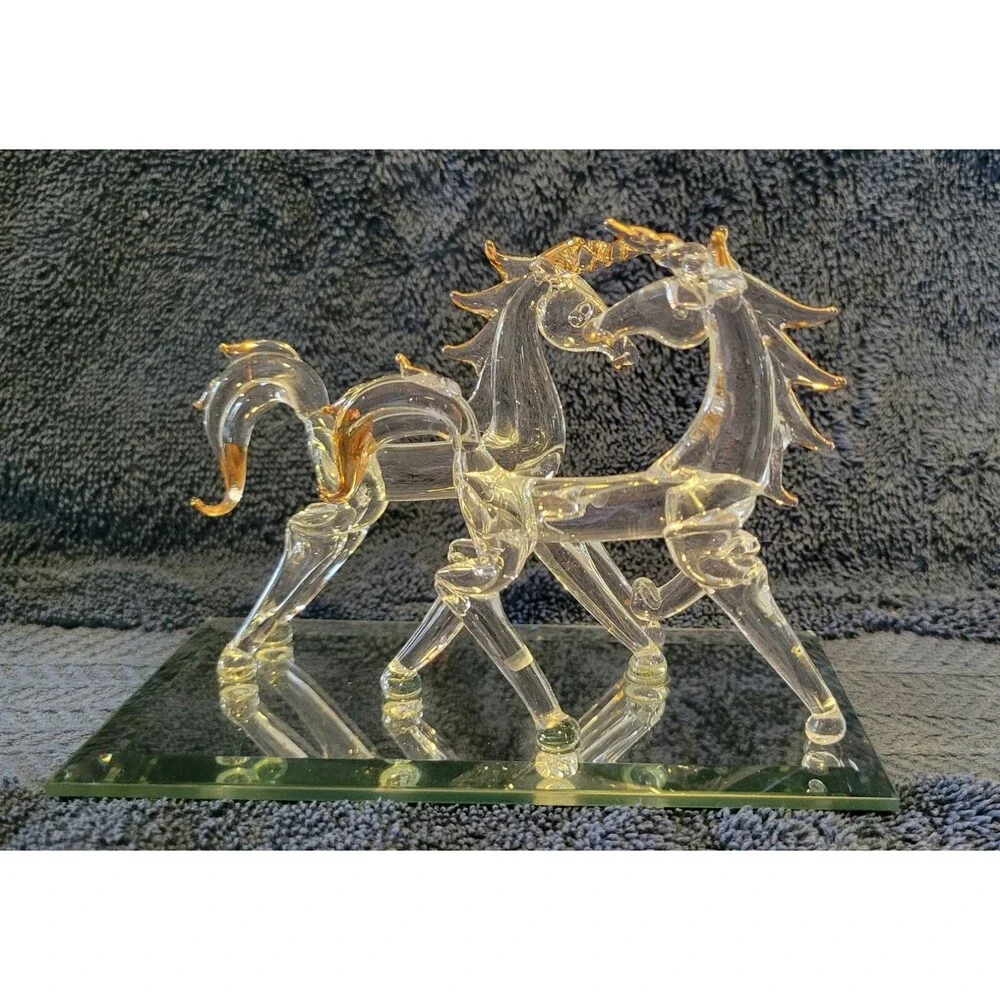 Vintage Blown Art Glass Unicorns with Gold Trim on Beveled Mirror Base - 1980's